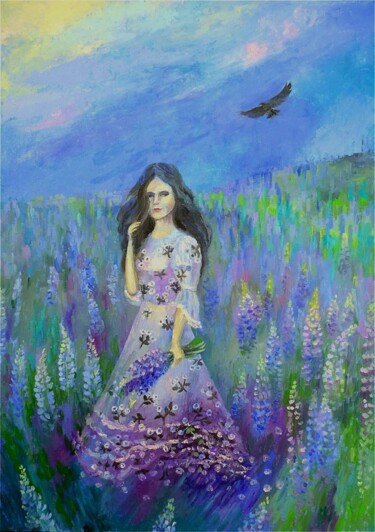 Картина под названием "Девушка в люпиновом…" - Ирина Жигалова, Подлинное произведение искусства, Масло Установлен на Другая…