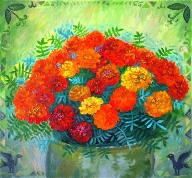 Картина под названием "Бархатцы" - Ирина Жигалова, Подлинное произведение искусства, Масло Установлен на Другая жесткая пане…