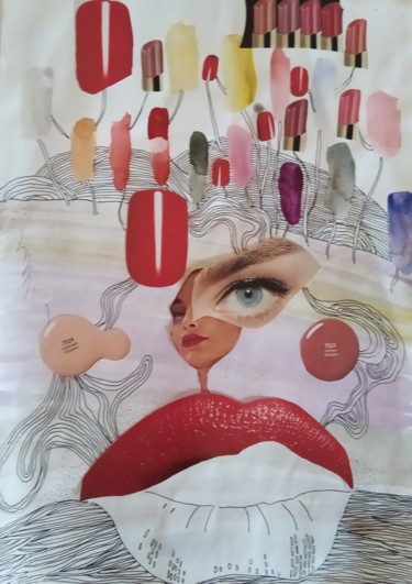 Коллажи под названием "Губы" - Irina Kromm, Подлинное произведение искусства, Гелевая ручка Установлен на Деревянная рама дл…