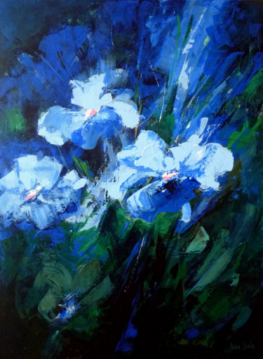 Painting titled "Night trio of flowe…" by Irina Laube, Original Artwork, Acrylic