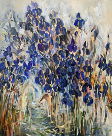 Картина под названием "Blue irises on the…" - Irina Laube, Подлинное произведение искусства, Акрил