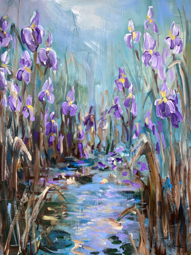 Malerei mit dem Titel "Irises at the pond" von Irina Laube, Original-Kunstwerk, Acryl