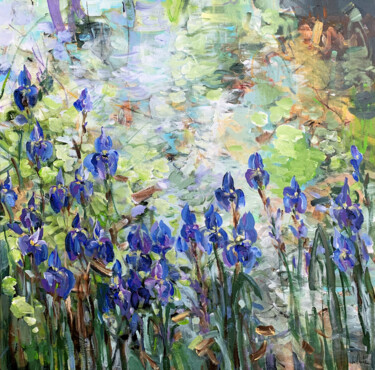 Картина под названием "Blue irises at the…" - Irina Laube, Подлинное произведение искусства, Акрил