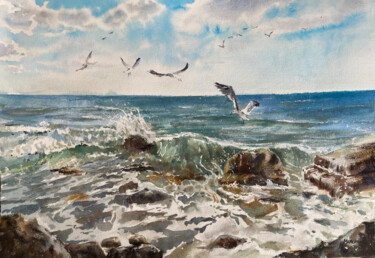 Картина под названием "sea with seagulls" - Ирина Маякина, Подлинное произведение искусства, Акварель