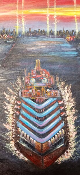 Painting titled "A huge yacht starte…" by Irina Minevich, Original Artwork, Oil