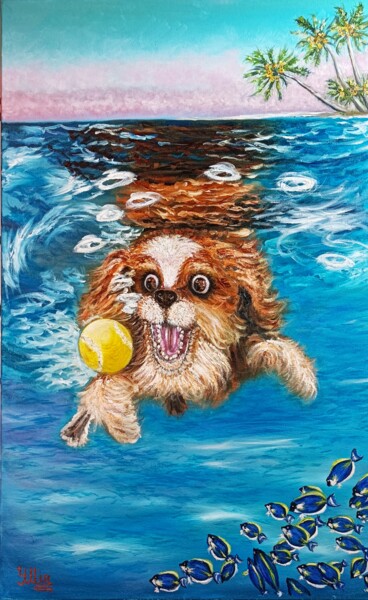Painting titled "Cheerful dog dives…" by Irina Minevich, Original Artwork, Oil