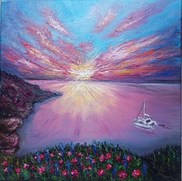 Pintura intitulada "Catamaran at sunset…" por Irina Minevich, Obras de arte originais, Óleo