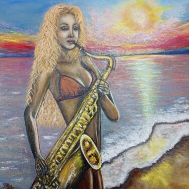 Pintura intitulada "Girl with a saxopho…" por Irina Minevich, Obras de arte originais, Óleo