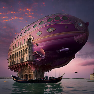 Digitale Kunst getiteld "Flying airship .Sti…" door Irina Minevich, Origineel Kunstwerk, AI gegenereerde afbeelding