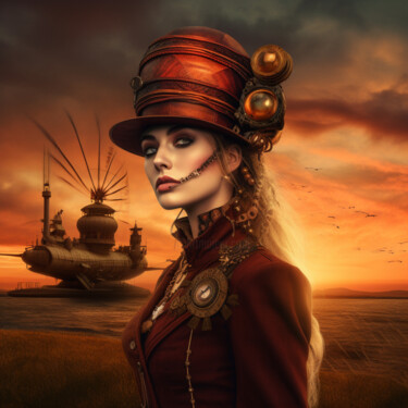 Digitale Kunst mit dem Titel "Girl- Pilot , steam…" von Irina Minevich, Original-Kunstwerk, KI-generiertes Bild
