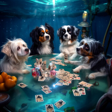 Artes digitais intitulada "Dogs Playing Cards…" por Irina Minevich, Obras de arte originais, Imagem gerada por IA