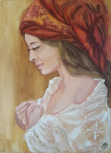 Painting titled "A woman in a headsc…" by Irina Oleynik, Original Artwork, Oil Mounted on Cardboard