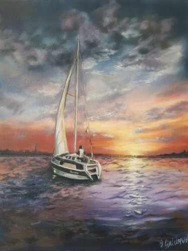 Картина под названием "Yacht at sunset." - Irina Oleynik, Подлинное произведение искусства, Масло