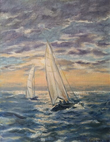 Pittura intitolato "Sunset yacht painti…" da Irina Oleynik, Opera d'arte originale, Olio