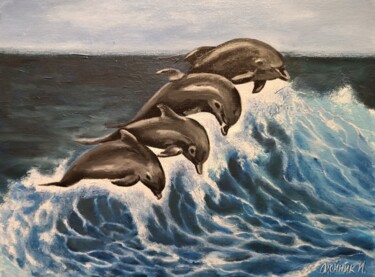 Pittura intitolato "Dolphins oil painti…" da Irina Oleynik, Opera d'arte originale, Olio