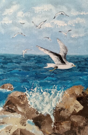 Peinture intitulée "Seagulls in the sea…" par Irina Oleynik, Œuvre d'art originale, Huile