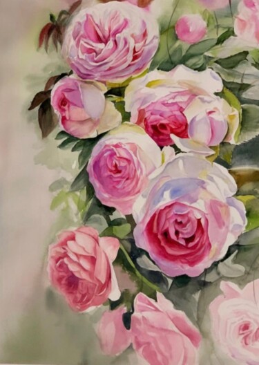 Painting titled "Roses in my garden" by Irina Ponna, Original Artwork, Watercolor