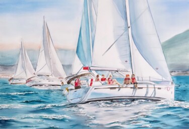Ζωγραφική με τίτλο "On the yacht" από Irina Ponna, Αυθεντικά έργα τέχνης, Ακουαρέλα