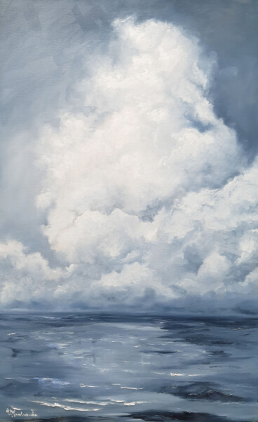 Painting titled "Seascape Gray Cloud…" by Irina Prokofeva, Original Artwork, Oil Mounted on Wood Stretcher frame