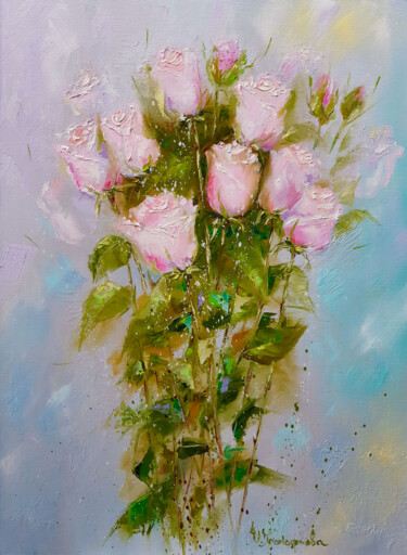 Painting titled "Roses painting, bou…" by Irina Prokofeva, Original Artwork, Oil Mounted on Wood Stretcher frame
