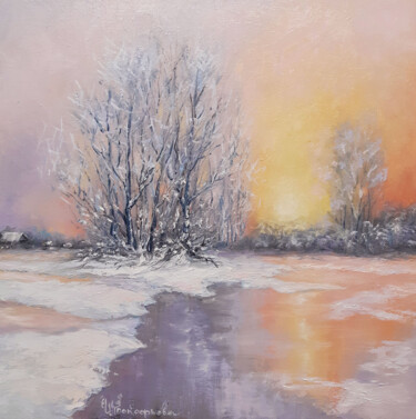Painting titled "Painting winter rur…" by Irina Prokofeva, Original Artwork, Oil Mounted on Wood Stretcher frame