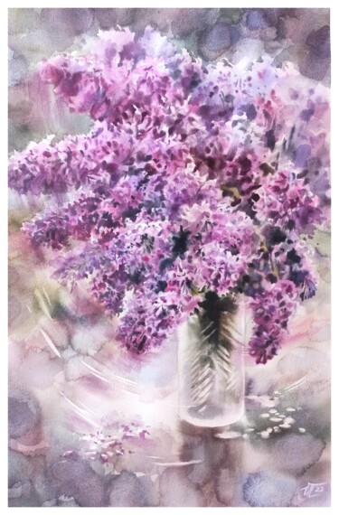Schilderij getiteld "Lilac flowers in th…" door Irina Pronina, Origineel Kunstwerk, Aquarel