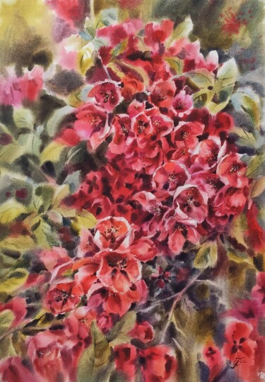 Painting titled "Red flowers and gre…" by Irina Pronina, Original Artwork, Watercolor