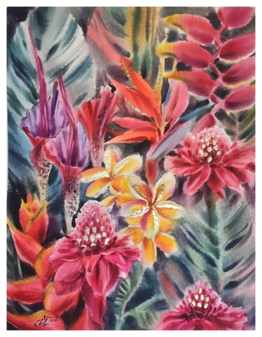 Pittura intitolato "Tropical flowers wi…" da Irina Pronina, Opera d'arte originale, Acquarello