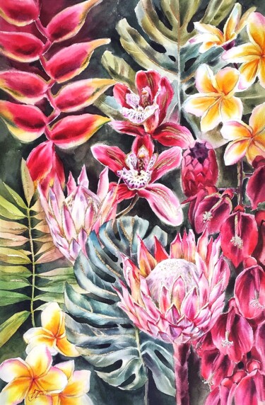 Painting titled "Tropical monstera l…" by Irina Pronina, Original Artwork, Watercolor