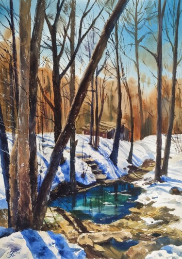 Peinture intitulée "Winter sunny landsc…" par Irina Pronina, Œuvre d'art originale, Aquarelle