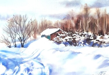 Schilderij getiteld "Winter landscape. C…" door Irina Pronina, Origineel Kunstwerk, Aquarel