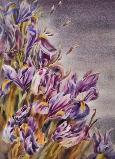 Картина под названием "Purple irises. Flow…" - Irina Pronina, Подлинное произведение искусства, Акварель
