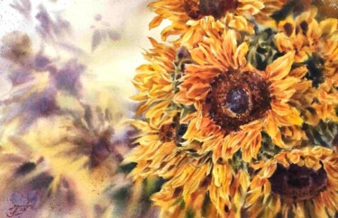 Schilderij getiteld "Sunflowers. Evening…" door Irina Pronina, Origineel Kunstwerk, Aquarel