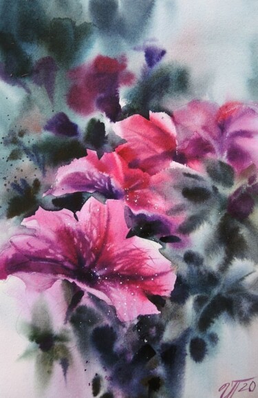Картина под названием "Floral morning. Pin…" - Irina Pronina, Подлинное произведение искусства, Акварель