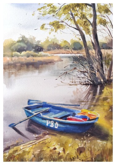 Painting titled "Boat on the river W…" by Irina Pronina, Original Artwork, Watercolor