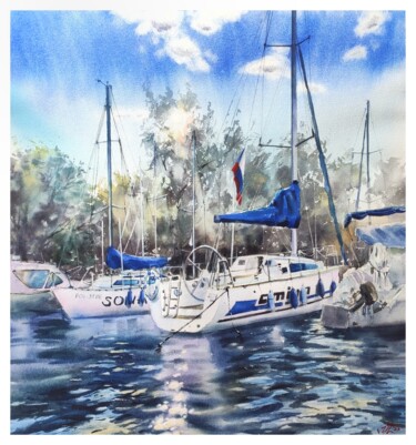 Malerei mit dem Titel "Boats at the sea Wa…" von Irina Pronina, Original-Kunstwerk, Aquarell