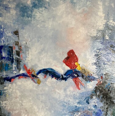 Painting titled "Frozen bird" by Irina R, Original Artwork, Oil Mounted on Wood Stretcher frame