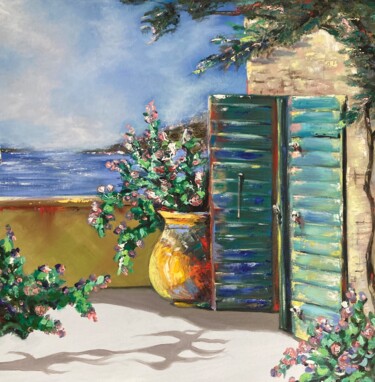 Painting titled "Sur la terrasse" by Irina R, Original Artwork, Oil Mounted on Wood Stretcher frame