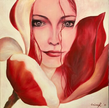Painting titled "Femme fleur" by Irina R, Original Artwork, Oil Mounted on Wood Panel