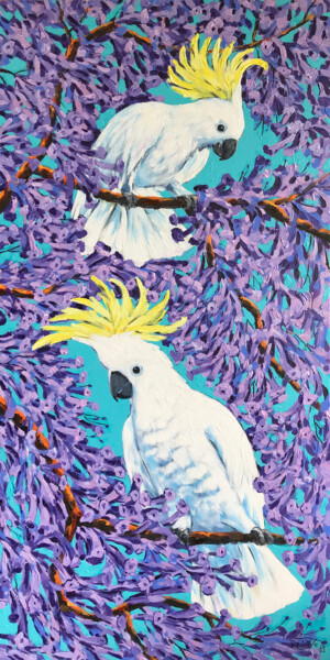 Painting titled "Cockatoos and Jacar…" by Irina Redine, Original Artwork, Acrylic Mounted on Wood Stretcher frame