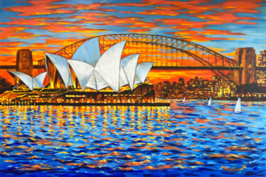 Painting titled "Sydney Night Light…" by Irina Redine, Original Artwork, Acrylic Mounted on Wood Stretcher frame