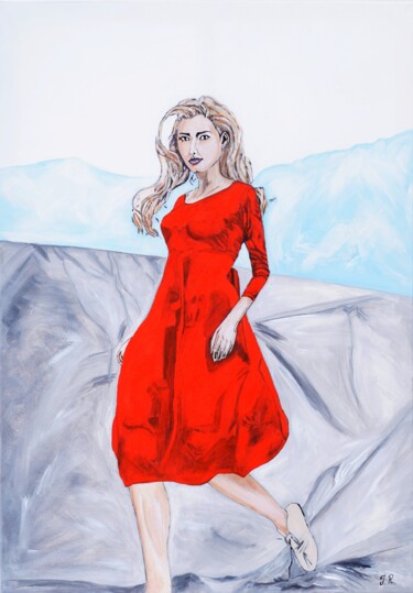 Painting titled "Red Dress Caucasus" by Irina Reitz, Original Artwork, Acrylic Mounted on Wood Stretcher frame