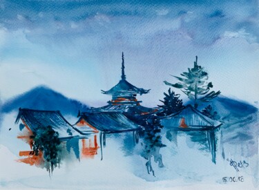Pintura intitulada "Japanese Roofs (DHL…" por Irina Rets, Obras de arte originais, Aquarela
