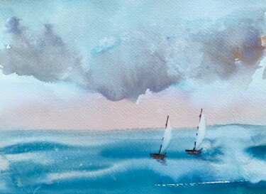 Painting titled "Morning, Sea, Sailb…" by Irina Rets, Original Artwork, Watercolor