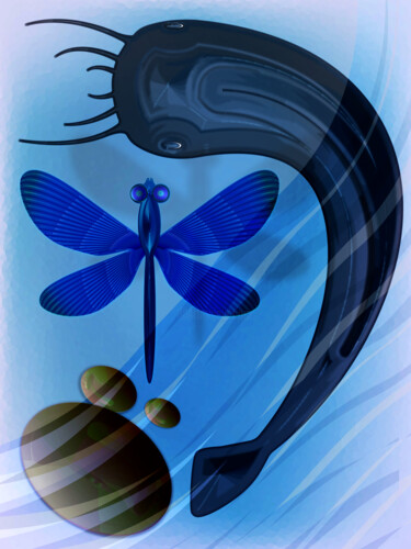 Arte digitale intitolato "Dragonfly and catfi…" da Irina Ryzkova (Ira Go), Opera d'arte originale, Lavoro digitale 2D
