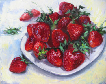 Painting titled "Strawberry 2018" by Irina Sergeyeva, Original Artwork, Oil Mounted on Wood Stretcher frame