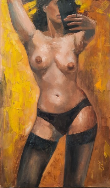 Peinture intitulée "Selfie in stockings" par Irina Sergeyeva, Œuvre d'art originale, Huile Monté sur Châssis en bois