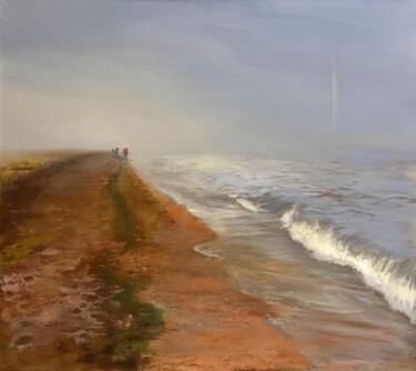 Painting titled "The Foggy Beach" by Irina Sergeyeva, Original Artwork, Oil Mounted on Wood Stretcher frame