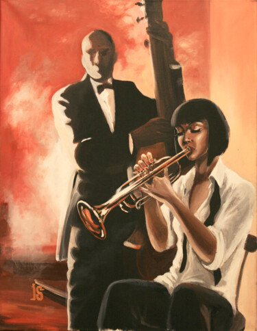 Schilderij getiteld "Gangs Jazz" door Irina Sergeyeva, Origineel Kunstwerk, Acryl Gemonteerd op Frame voor houten brancard