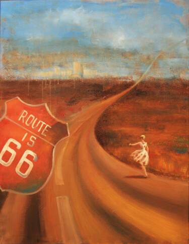 Schilderij getiteld "Rout 66" door Irina Sergeyeva, Origineel Kunstwerk, Acryl Gemonteerd op Frame voor houten brancard